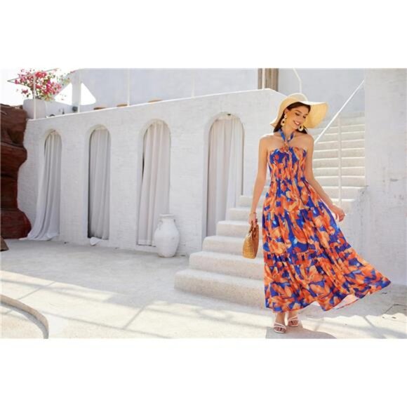 Women's Summer Dresses Halter Neck Sleeveless Orange Blue - Picture 3 of 4